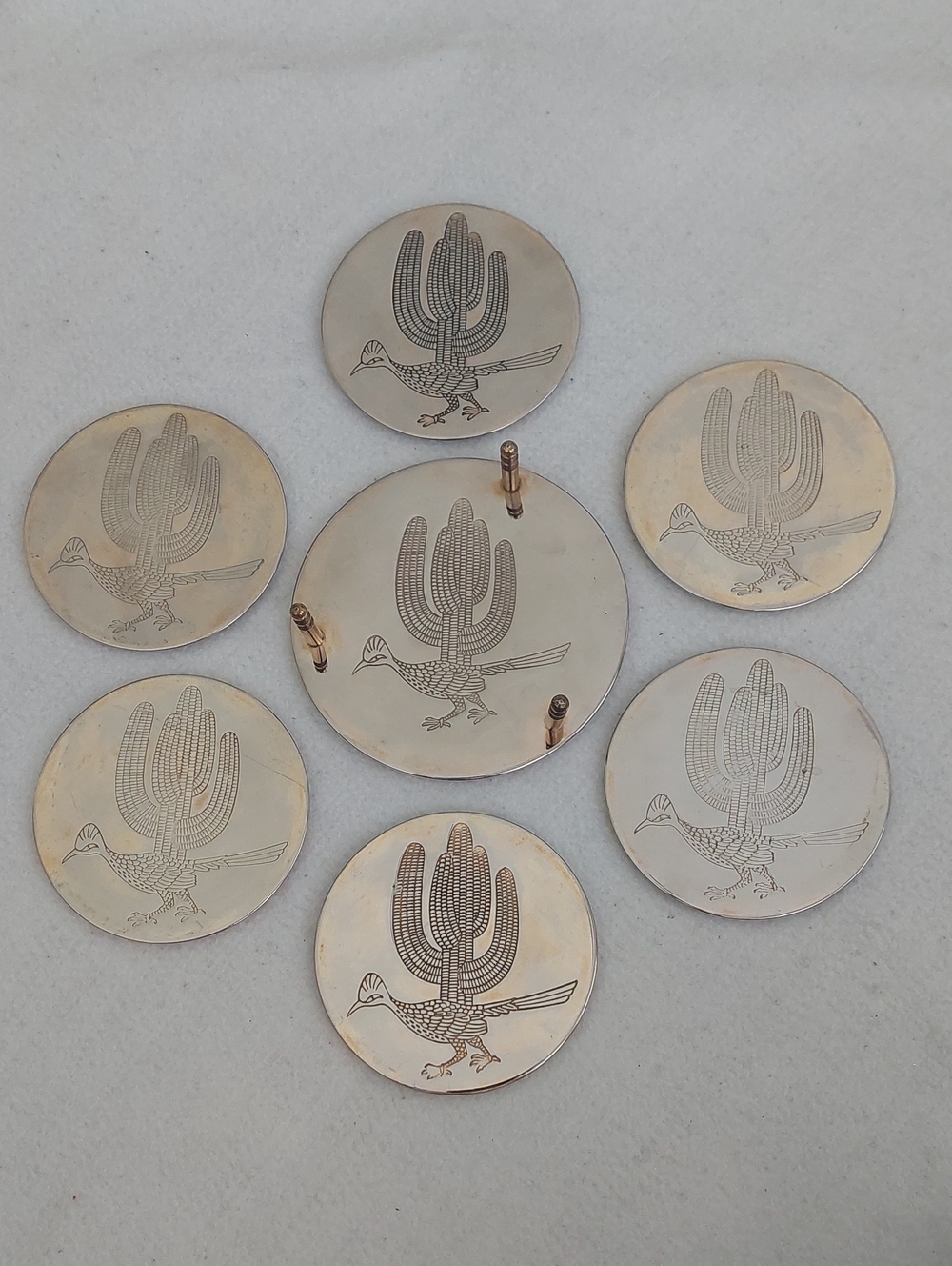 Silver-Toned Roadrunner/Cactus COASTER SETand HOLDER